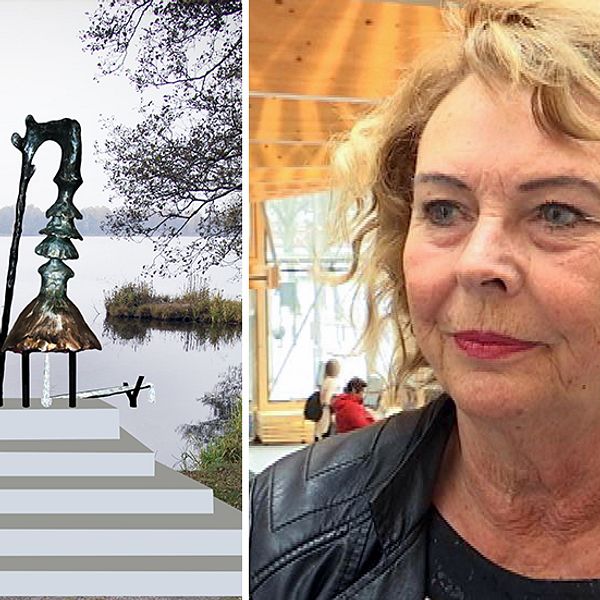 Statyn Pissed Elin vid Växjösjön och Eva Johansson (C).