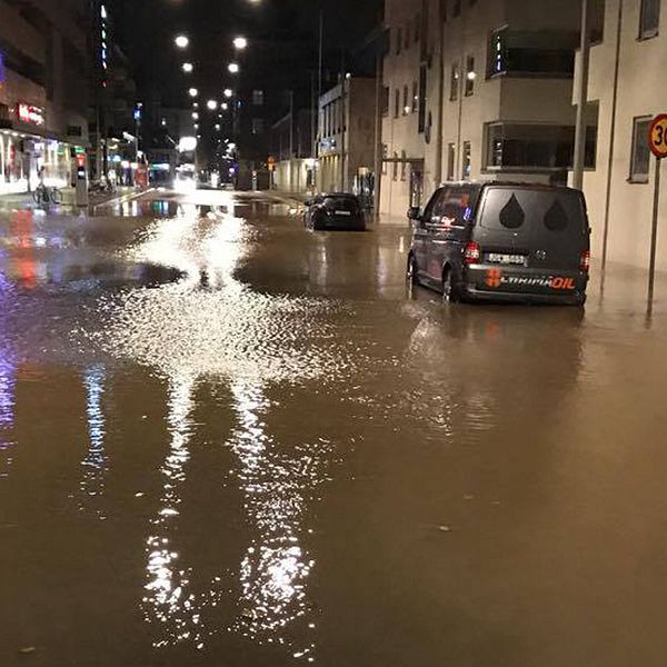 Översvämning i centrala Eskilstuna.