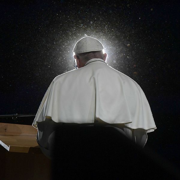 Påve Franciskus under till tal vid det ekumeniska evenemanget i Malmö arena.