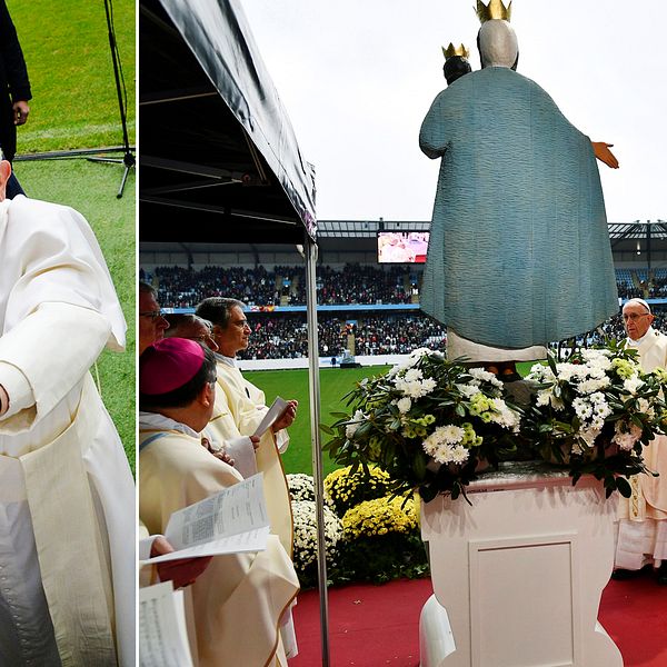 Påve Franciskus var på strålande humör när han mötte de cirka 15.000 åskådare som samlats på den katolska mässa som hölls på Swedbank stadion i Malmö.