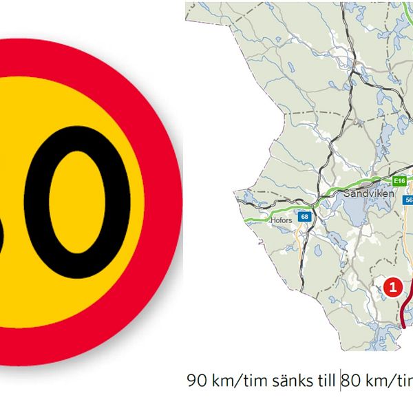 karta över hastighetssänkning i Gävleborg