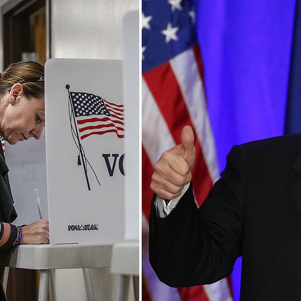 En röstande kvinna i ett valbås och Donald Trump.