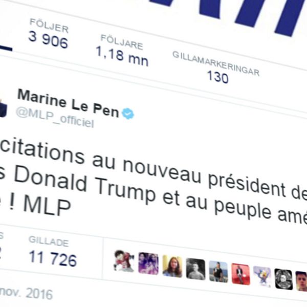 Twittermeddelande där Marine Le Pen gratulerar Donald Trump till valsegern.