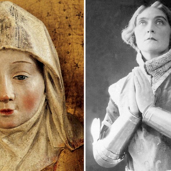 Staty föreställande Heliga Birgitta i sitt vita hustrudok, finns i Skellefteå kyrka och Sybil Thorndyke som Jeanne D'Arc i George Bernard Shaws pjäs från 1924