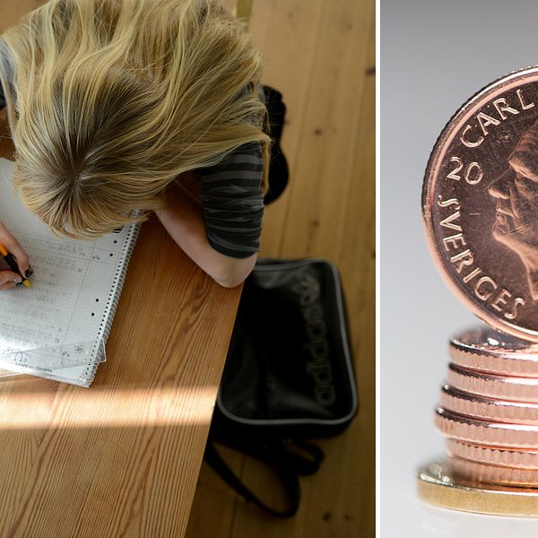 Fotomontage, bild på ung tjej som gör läxor till vänster och till höger en bild på mynt.