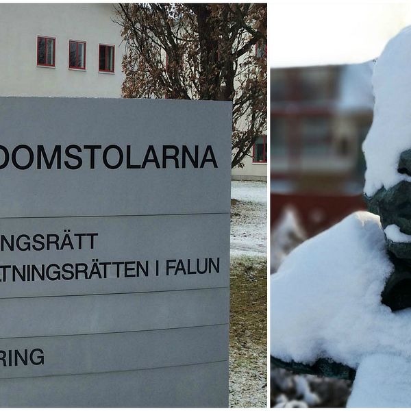 Falu tingsrätt-skylt och en snötäckt Carl Larsson-staty