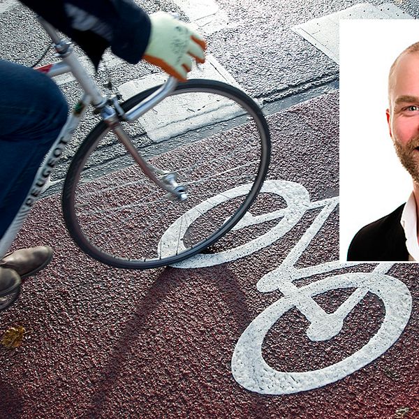 Cykel på cykelbana och porträttbild på Lars Strömgren.