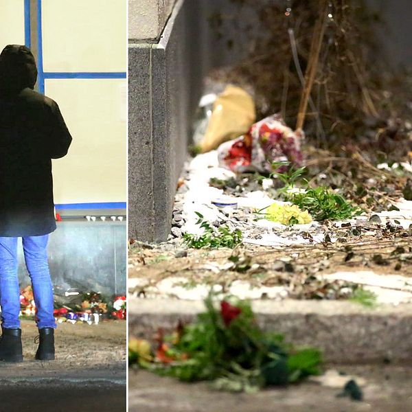 Personer stannar till vid den minnesplats som skapades under lördagen efter dödsskjutningen i Rinkeby – under lördagskvällen vandaliserades platsen.