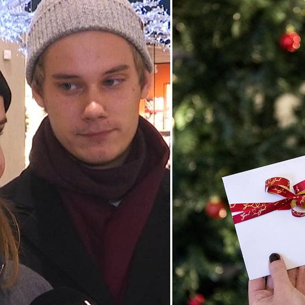 Hand som håller ett kuvert vid en julgran och bild på Maja Palm och Eddie Blomgren
