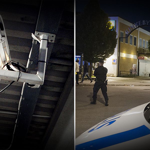 Övervakningskamera till vänster i bilden och på andra sidan kvällbild från Rinkebytorg med polisbil parkerad i förgrunden.