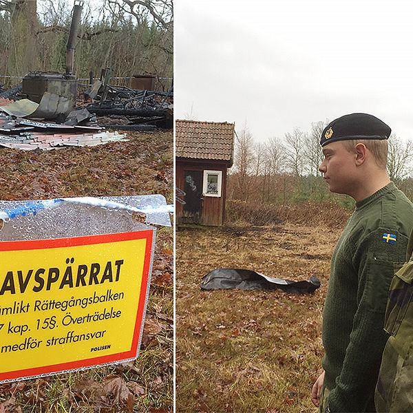 Nedbrunnet hus. Två män i militärkläder.