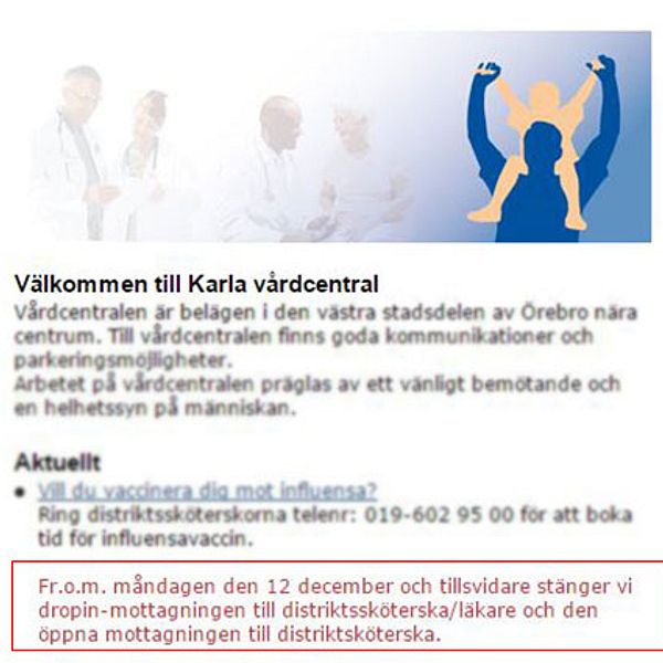 En skärmdump från Karla vårdcentrals hemsida där de meddelar att de håller stängt pga personalbrist.