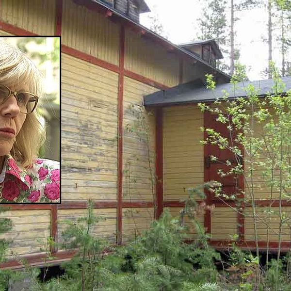 bild på kvinna, inflikt, och ett ödehus i skogen