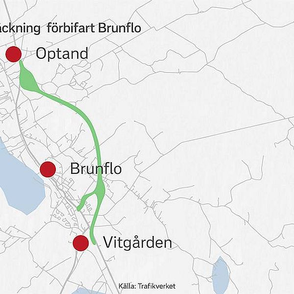 Karta över den planerade sträckningen av förbifart Brunflo