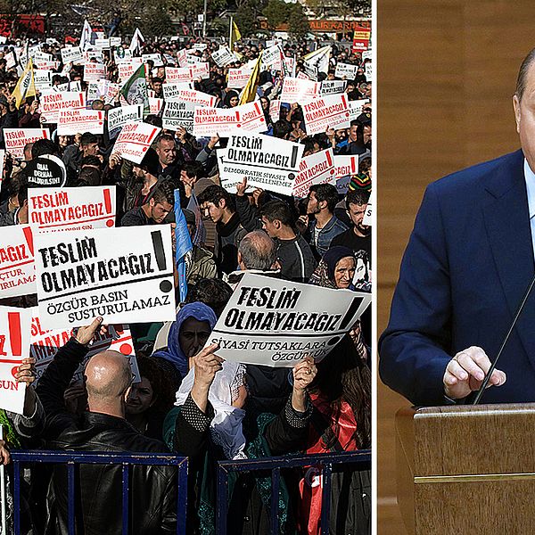 Turkiets president samt regimkritiska protester i Istanbul mot gripanden av journalister och akademiker.
