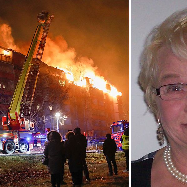 Branden i Husby och vittnet Mirja Holm som bor i huset mitt emot.