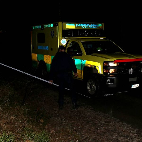 Ambulans på skogsväg i mörker