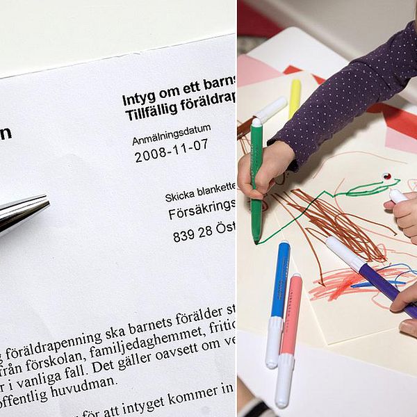Ett vab-intyg från försäkringskassan och ett barn som leker.