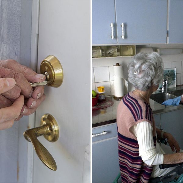 Händer som låser upp en dörr och hemtjänstpersonal som diskar åt äldre kvinna.