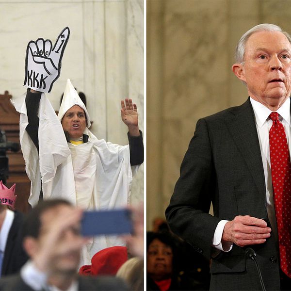 Demonstranter och Jeff Sessions.