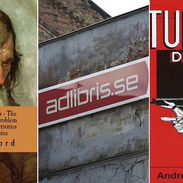 Omslag av böckerna The international Jew, The Turner Diaries och en adlibris-logga-