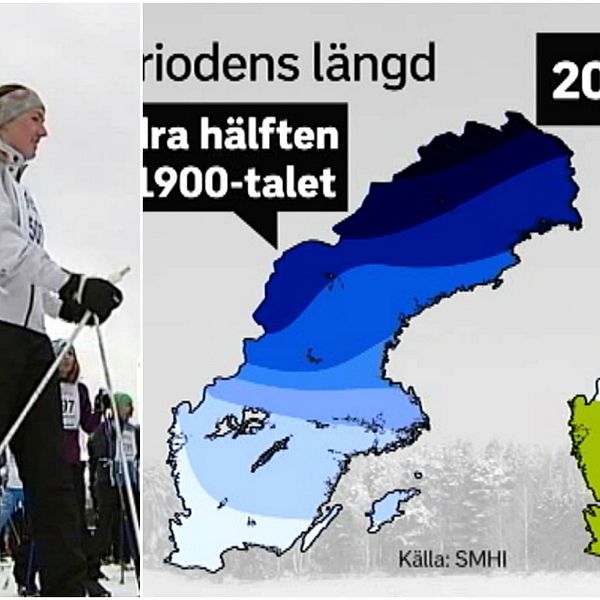 En kollagebild med skidåkare och en karta som visar utvecklingen över snöperiodens längd.