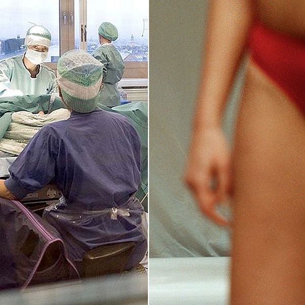 En operations sal och en kvinna i underkläder.