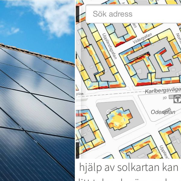 Delad bild: solceller på tak och en bild av solkartan som visar Odenplan.
