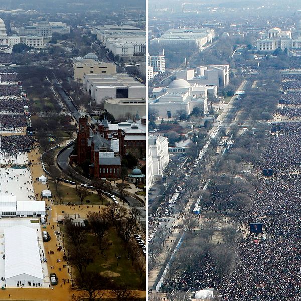 Bilen till vänster visar folkmassan som samlats för Trumps installationsceremoni i fredags, och bilden till höger togs då Obama svors in.