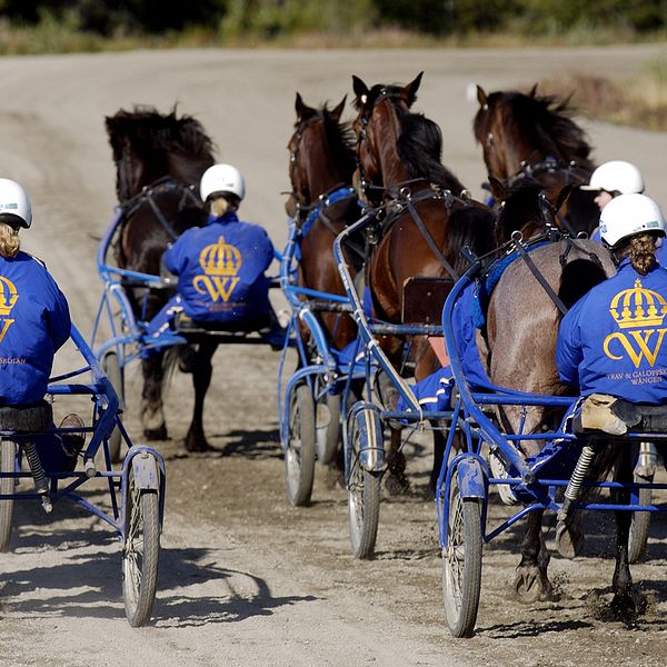 flera travekipage på bana sedda bakifrån, likadana jackor med emblem