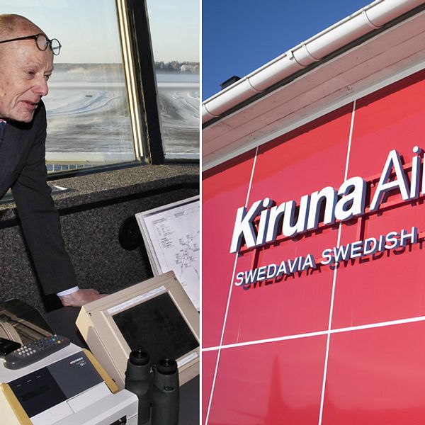 man i flygledartorn / skylt: ”Kiruna airport”