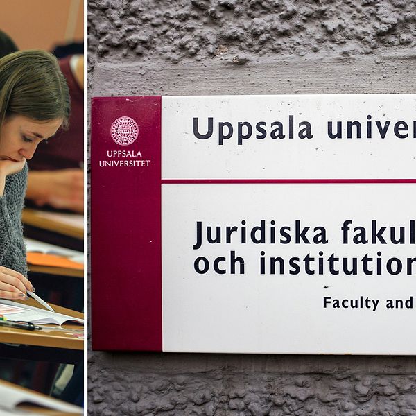fotomontage. till vänster studenter som skriver ett prov. till höger en bild på juridiska fakulteten i Uppsala.