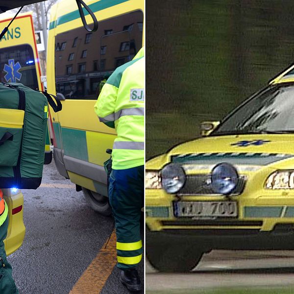 Ambulans och ambulanspersonal med akutväska