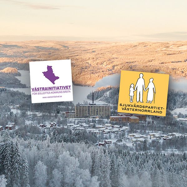 loggor för Sjukvårdspartiet samt Västra Initiativet, i bakgrunden Sollefteå sjukhus