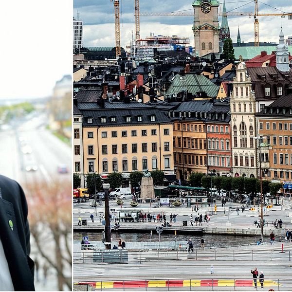 Delad bild, Daniel Helldén till vänster och vy över Gamla stan till höger. Man ser Kornhamnstorg, Storkyrkan och Tyska kyrkan och flera lyftkranar.