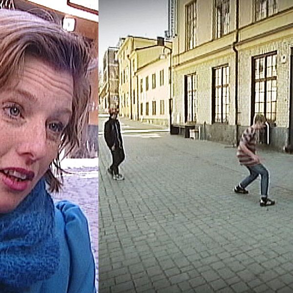 Ulrika Åkerlund, Boverket, och elever från Kunskapsskolan i Norrköping som spelar boll på sin obefintliga skolgård.