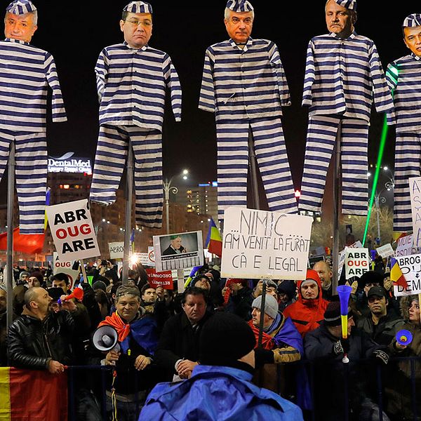 Demonstranter i Bukarest med dockor föreställande flera ledande makthavare.