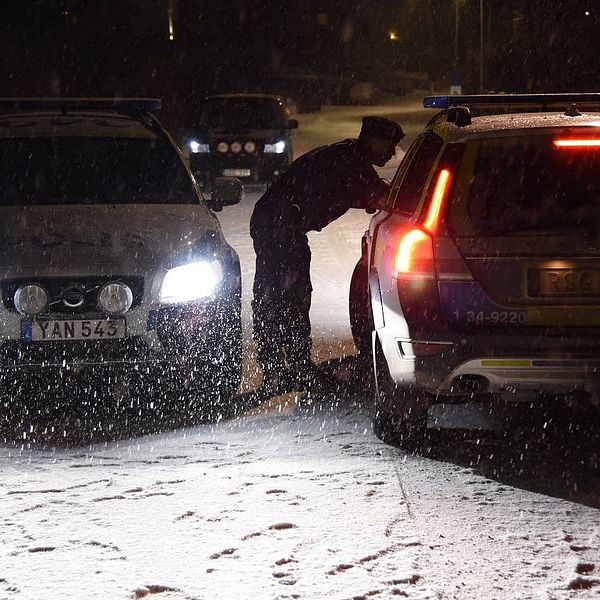 Två polisbilar och en polisman som böjer sig fram mot en bildörr