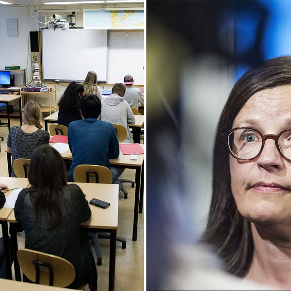 Klassrum och ministern Anna Ekström.