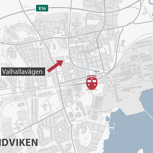 Karta med pil som visar Valhallavägen i Sandviken