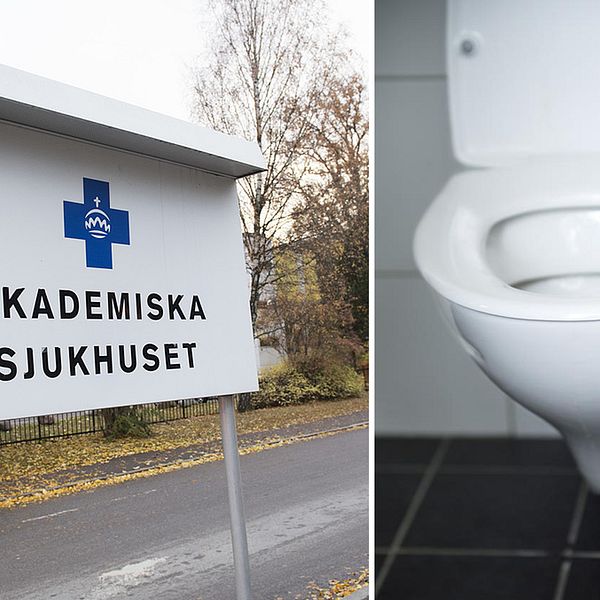 Två bilder. Till vänster en skylt på Akademiska sjukhuset, och till höger en toalettstol.