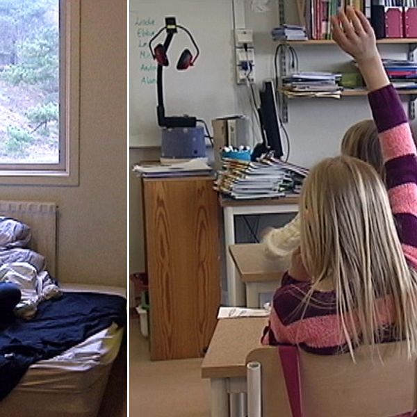 ensam elev sitter med surfplatta i en säng, i bilden till höger elever i ett klassrum som räcker upp handen