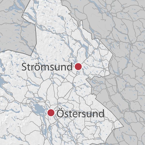 En karta över delar av Jämtland där Strömsund och Östersund är utmarkerade.