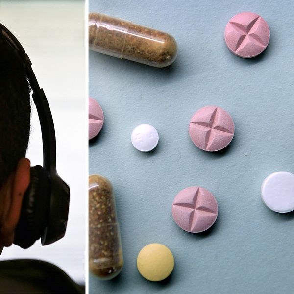 Medicinpiller och anonym person med headset