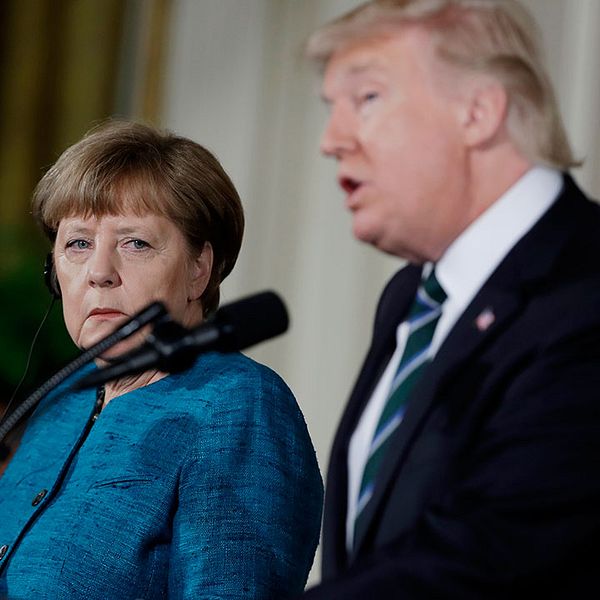 Tysklands förbundskansler Angela Merkel och USA:s president Donald Trump under fredagens presskonferens i Washington DC.