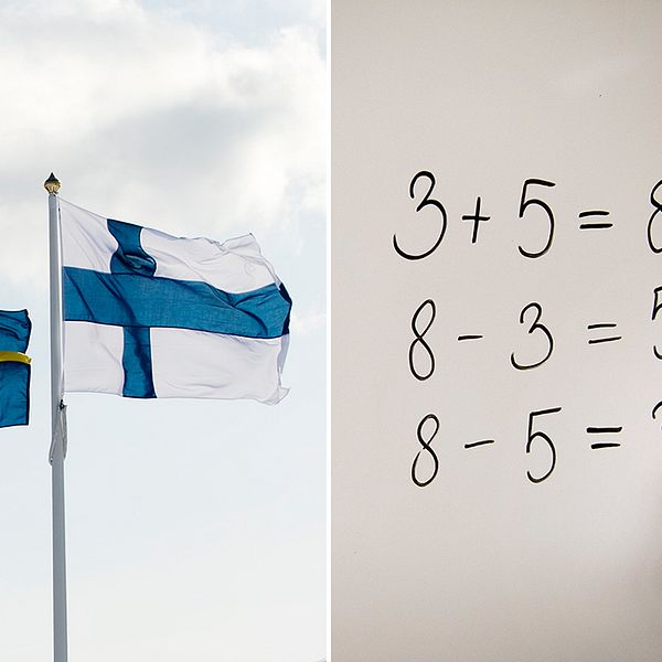Svensk och finsk flagga. Beräkningar på vita tavlan.