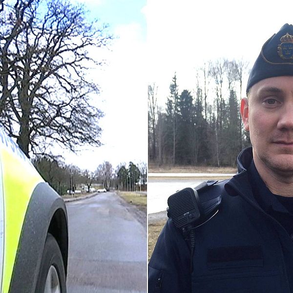 Polisbil och en polis i Eskisltuna.