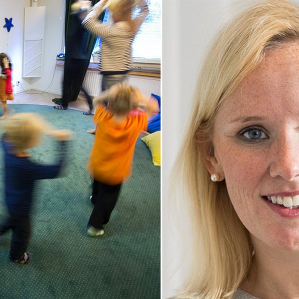 Tvådelad-bild. Till vänster förskolebarn som leker och till höger Caroline Hoffstedt (S)