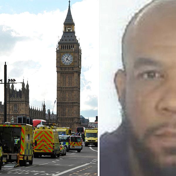 Gärningsmannen Khalid Masood och ambulanser på Westminster Bridge efter attacken.