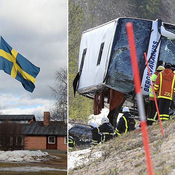 Den olyckdrabbade bussen och en flagga på halv stång.